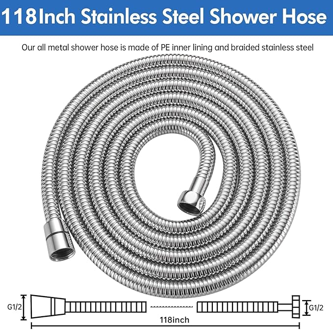 RUMOSE 118 inches Shower Hose Extra Long Stainless Steel Shower Tube Attachment Flexible Handheld Shower Sprayer Hose, Polished Chrome
