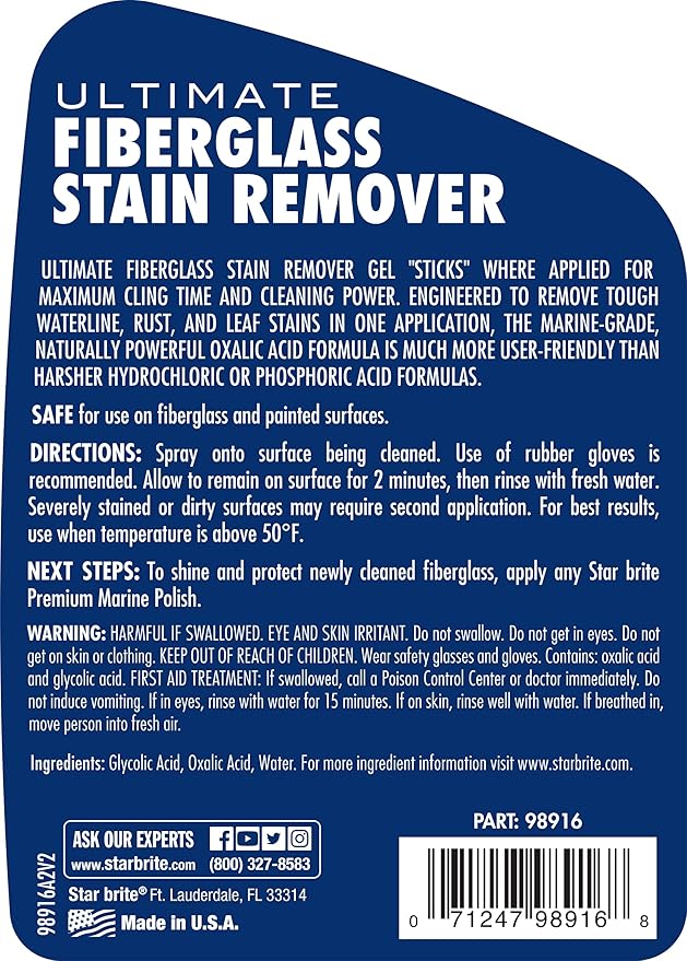 STAR BRITE Ultimate Fiberglass Stain Remover - Easy-to-Use Marine Grade Solution to Eliminate Tough Rust, Leaf & Waterline Stains for Boats and More - Maximum Cleaning Power Gel Spray