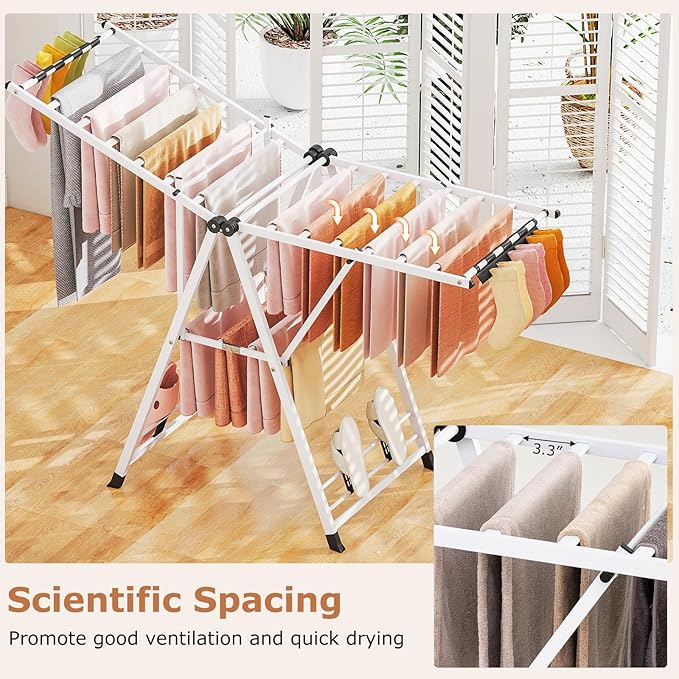 Giantex Clothes Drying Rack, Foldable Metal Laundry Drying Rack with Height Adjustable Wings, 16 Drying Rails, Sock Clips & Shoe Racks, Freestanding Clothing Stand for Indoor & Outdoor, White