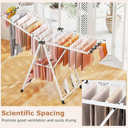 Giantex Clothes Drying Rack, Foldable Metal Laundry Drying Rack with Height Adjustable Wings, 16 Drying Rails, Sock Clips & Shoe Racks, Freestanding Clothing Stand for Indoor & Outdoor, White