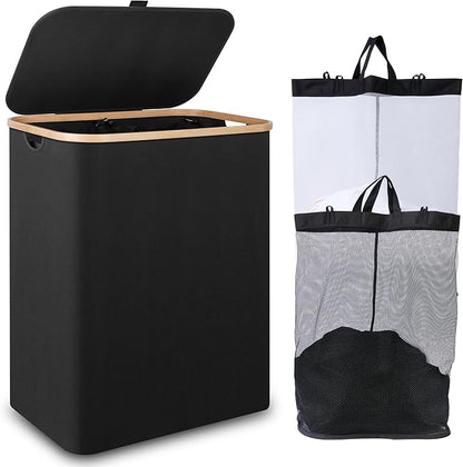 150L Laundry Basket with Lid,Large Laundry Hamper with Bamboo Handles, Hampers for Laundry, Dirty Clothes Hamper with 2 Removable Inner Bags for Clothes Toys Towels,Black