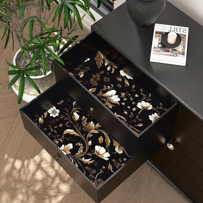 Fvlow Vintage Wallpaper Peel and Stick Black Floral Wallpaper Black White Wall Paper Gold Leaf Contact Paper Waterproof Self-Adhesive Wall Covering for Bathroom Countertop Desk Cabinet 17.4" x 118"