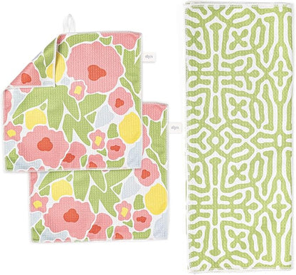ELYN Microfiber Kitchen Dish Towel & Dish Cloth Set, Quick-Dry & Absorbent Waffle Weave Cleaning Cloths, Set of One Kitchen Towel & Two Washcloths, Paper Towels Alternative (Bold Floral & Geo)