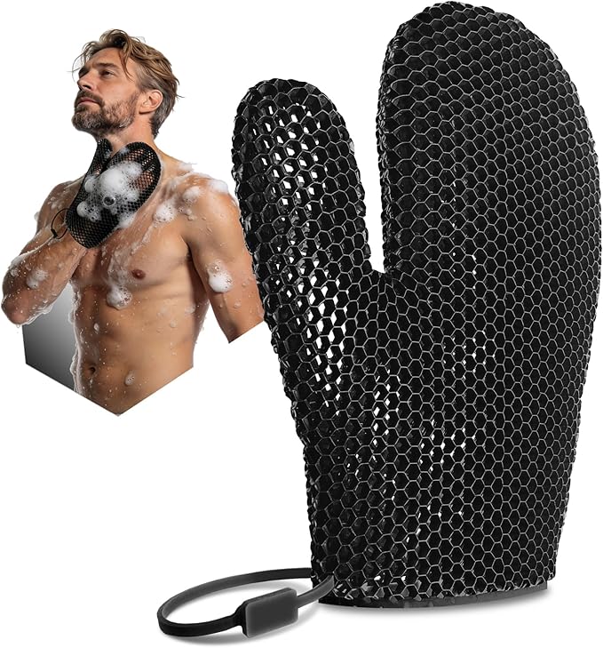 Bath Mitt - Exfoliating Glove, Honeycomb Body Scrubber,Massage Body Scrub Gloves for Home Spa,Mitt Sponges for Cleaning Body,Deep and Gentle,Fast foaming (Black(Standard,Large Size))