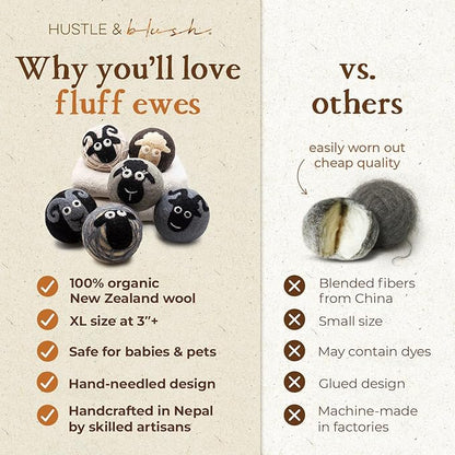 Hustle & Blush Fluff Ewes Wool Dryer Balls 6 Pack - Extra Large Classic Premium Hand Needled New Zealand Laundry Set, Reduces Drying Time, Static Control, Chemical Free Reusable for Essential Oils