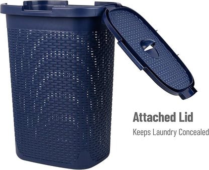 Mind Reader Slim Laundry Hamper with Lid, 60L Tall Clothes Basket, Narrow Tapered Design for Bathrooms, Closets and Laundry Rooms, Plastic, Navy