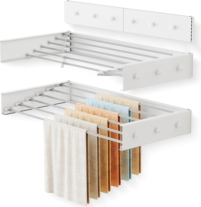 LIENAHU Upgrade Drying Rack Clothing,Clothes Drying Rack Wall Mounted,Laundry Drying Rack Wall Mount,Foldable,Collapsible,Retractable,6 Aluminium Poles,with Hooks,(White 35.5"
