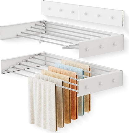 LIENAHU Upgrade Drying Rack Clothing,Clothes Drying Rack Wall Mounted,Laundry Drying Rack Wall Mount,Foldable,Collapsible,Retractable,6 Aluminium Poles,with Hooks,(White 35.5"