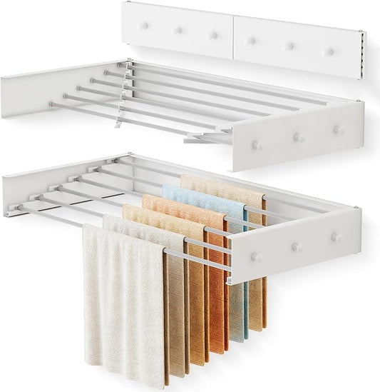 LIENAHU Upgrade Drying Rack Clothing,Clothes Drying Rack Wall Mounted,Laundry Drying Rack Wall Mount,Foldable,Collapsible,Retractable,6 Aluminium Poles,with Hooks,(White 35.5"