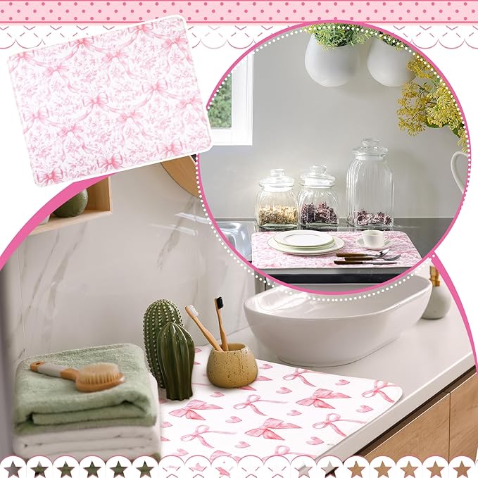 SiliFine 2 Pcs Large Coquette Pink Bow Dish Drying Mat Large for Kitchen, 18 X 24 Inch Bow Absorbent Microfiber Coffee Bar Pad for Women Counter Kitchen Home Accessories Party Gifts