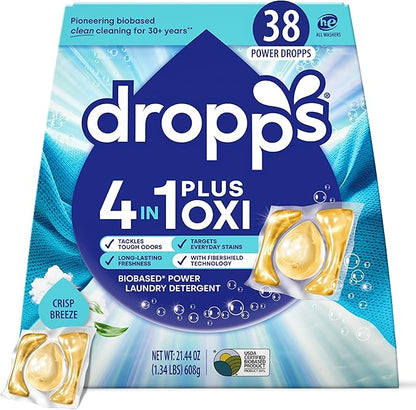 Dropps 4-in-1 Plus Oxi Laundry Detergent Pods, Crisp Breeze (38 Count) - Laundry Pods | Advanced Odor Defense | Fights Stains | Whitens & Brightens | Clean Ingredients | Plastic Free Packaging