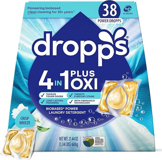 Dropps 4-in-1 Plus Oxi Laundry Detergent Pods, Crisp Breeze (38 Count) - Laundry Pods | Advanced Odor Defense | Fights Stains | Whitens & Brightens | Clean Ingredients | Plastic Free Packaging