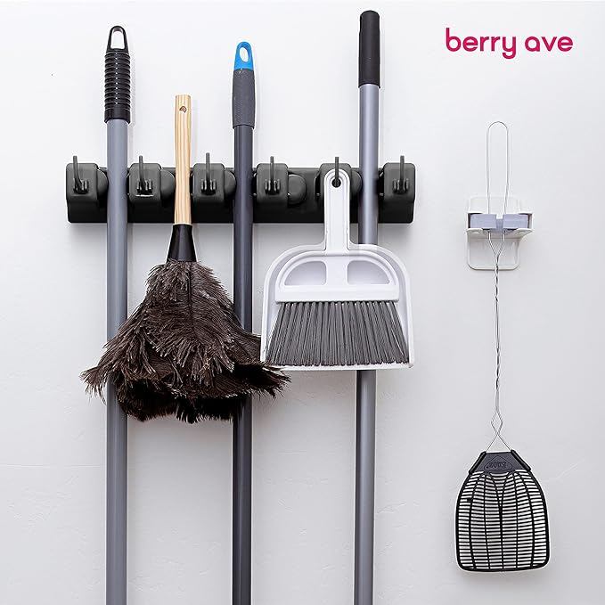 Berry Ave 5 Racks 6 Hooks Mop and Broom Holder Wall Mount, Broom Organizer Storage Tool Rack, Heavy Duty Wall Mount for Brooms and Mops, Utility Closet Garage Kitchen Laundry Organizer