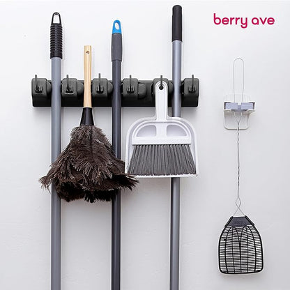 Berry Ave 5 Racks 6 Hooks Mop and Broom Holder Wall Mount, Broom Organizer Storage Tool Rack, Heavy Duty Wall Mount for Brooms and Mops, Utility Closet Garage Kitchen Laundry Organizer