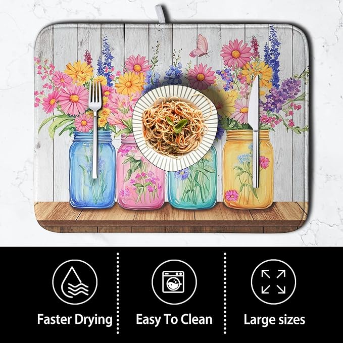Daisy Dish Drying Mat for Kitchen Counter Spring Summer Flowers Vases Dishes Pad Microfiber Absorbent Dish Draining Mats Rustic Farmhouse Floral Wooden Board Dish Drainer Rack Mat 16x18 Inch