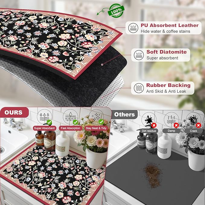 LOKHOM Floral Dish Drying Mat, 12"x20" Super Absorbent Non-slip Bordered Coffee Mat with Oil Painting Black Floral, Cuttable Hide Stain Drying Mat for Kitchen Counter Coffee Maker Espresso Machine