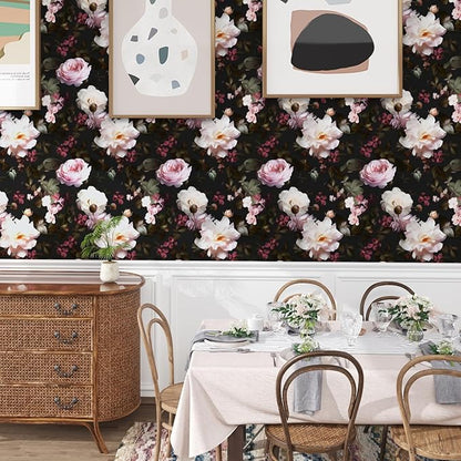 Fvlow Glowing Pink Floral Peel and Stick Wallpaper Vintage Black Wallpaper Vinyl Wrap Kitchen Worktop Covering Vinyl Self Adhesive Leaf Contact Paper for Cabinets Drawers Sticker Decor 17.4" x 118"