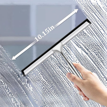 10-Inch Shower Squeegee for Glass Doors, Stainless Steel Shower Squeegee with Shower Door Hook & Adhesive Hook, Multi-Purpose Bathroom Squeegee for Glass, Door, Mirror and Window (Silver)