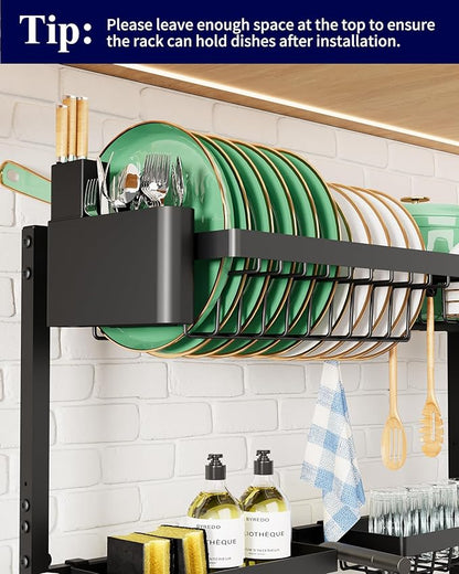 Kitsure Over The Sink Dish Drying Rack - 30.0" to 33.9" x 21.5", Adjustable Sink Drying Rack for Kitchen Sink with Multifunctional Baskets, Black
