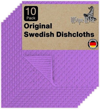 Swedish DishCloths - 10 Pack (Purple), (German Material) Reusable Cellulose Sponge Cloth for Kitchen - Household, Highly Absorbent, No-Odor Dishcloth