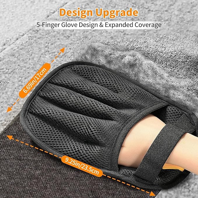 Pet Hair Removal Gloves, 2 Pack Reusable Electrostatic Cleaning Mitt for Couch, Carpet, Car Seats, Furniture, Black Mesh Design with Orange Pull Tab