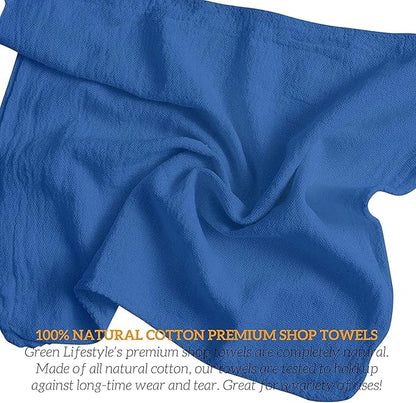 GREEN LIFESTYLE 100 Pack 12x14 Blue Shop Towel 100% Cotton, Super Absorbent and Durable for Car, Reusable