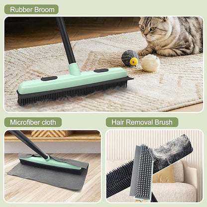 Upgraded Rubber Broom Pet Hair Remover with Squeegee Fur Sweeper Small Detailing Lint Brush to Fluff Carpet Rug Tile Hardwood Floor