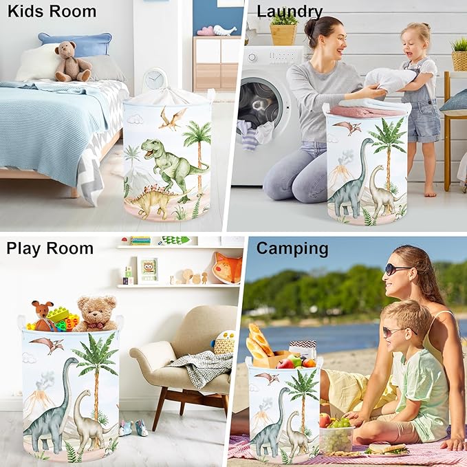 Clastyle Large Dinosaur Kid Storage Basket Baby Laundry Hamper Palm Tree Boy Gift Toy Box Collapsible Clothes Organizer Nursery Bin for Bedroom, Volcano, 36 * 45 cm