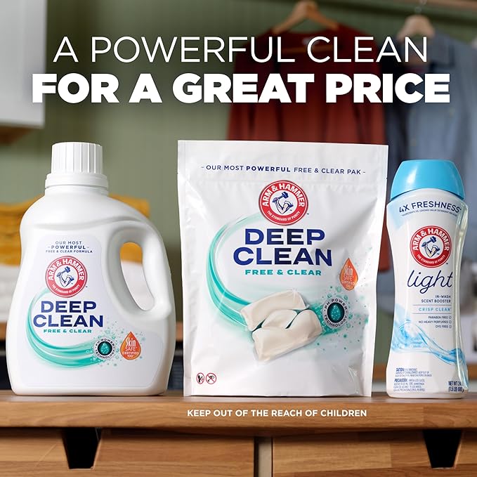 ARM & HAMMER Deep Clean Free & Clear Power Paks Concentrated Laundry Detergent, Free of Dyes, Perfumes and Phosphates, Dermatologist Tested, 44 Count