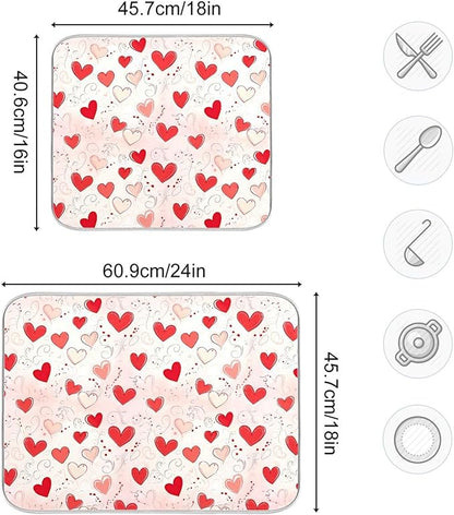 Happy Valentine’s Day Dish Drying Mat for Kitchen Countertop 16x18 Love Heart Red Pink Small Drying Mat Reusable Quick Dry Dish Sink Mats Easy Clean Decorative Essentials