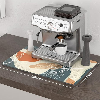 Rnivvi Coffee Mat, 12" x 19" Cute Boho Theme Coffee Bar Mats for Espresso Machine Station Accessories and Organizer, Hide Stain Rubber Backed Absorbent Dish Drying Pad for Kitchen Counter, Leaves