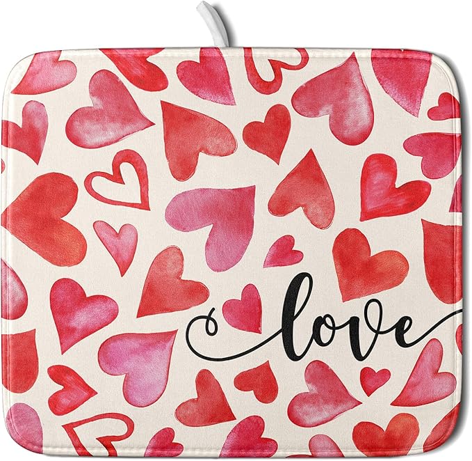 Valentine's Day Dish Drying Mat 16 x 18 Inch Heart Shaped Dish Drying Pad Absorbent Microfiber Mats for Red and Pink Dish Rack Pad for Kitchen Counter Coffee Bar Decor