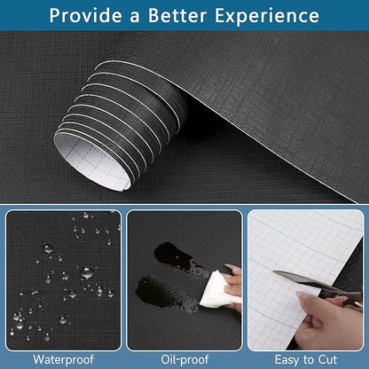 Self Adhesive Shelf Liner, Peel and Stick Drawer Liner Waterproof Contact Decor Liner with Grain Texture for Kitchen Walls Cabinets, Bedroom Classroom, Cover Book (Black, 11.8 x 118.1 inches)