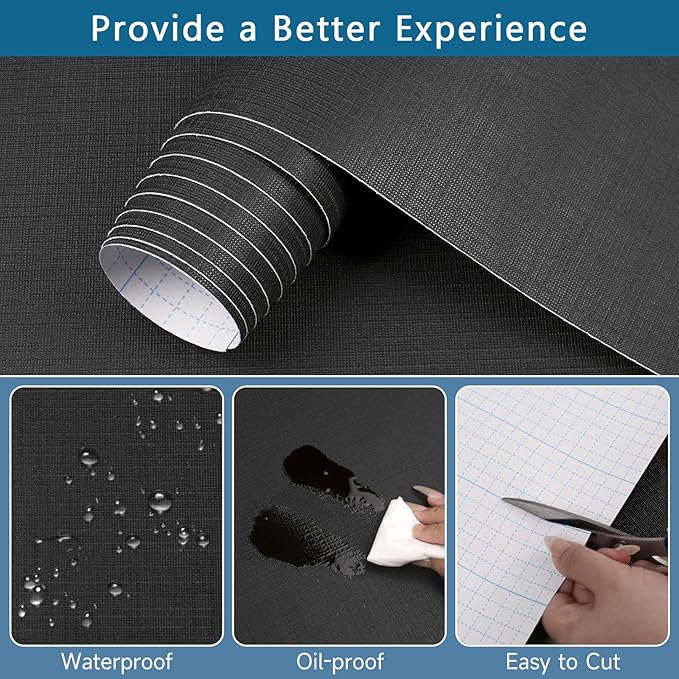 Self Adhesive Shelf Liner, Peel and Stick Drawer Liner Waterproof Contact Decor Liner with Grain Texture for Kitchen Walls Cabinets, Bedroom Classroom, Cover Book (Black, 11.8 x 393.7 inches)