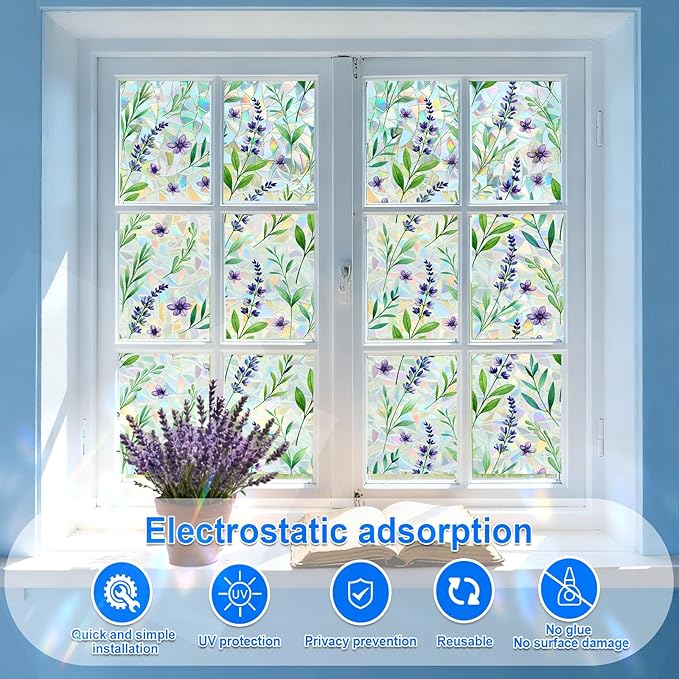 Rainbow Window Privacy Film,Heat Control,UV Blocking,Anti-Glare,Day & Night Privacy Protection & Decoration for Home, Bathroom,Glass Door,Static Cling,Renter-Friendly with Installation Tools