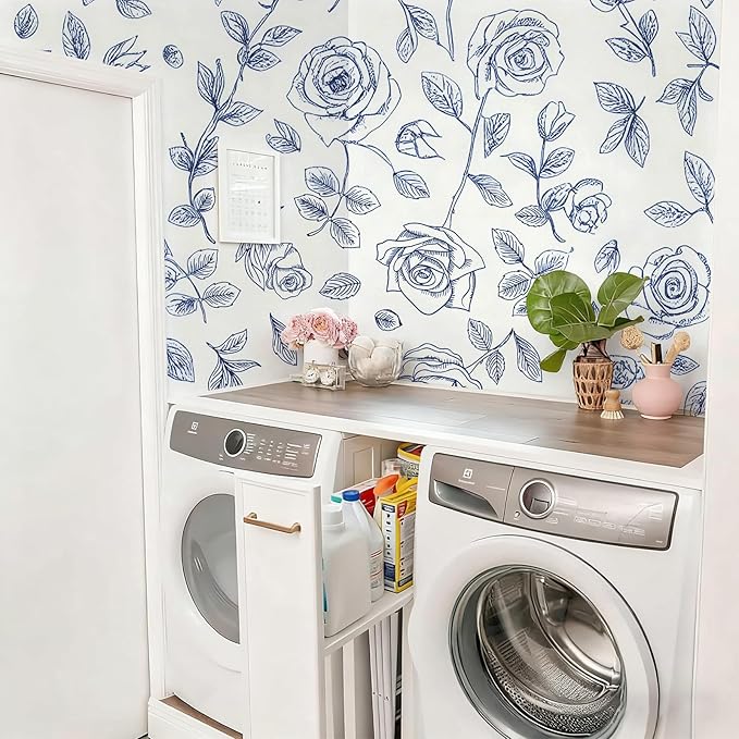 Timeet 17.7In ×78.7In Peel and Stick Wallpaper, Blue and White Floral Peel and Stick Wallpaper Boho Contact Paper Removable Self Adhesive Bedroom Cabinet Mural Wall Decor Vinyl Roll