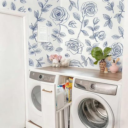 Timeet 17.7In ×78.7In Peel and Stick Wallpaper, Blue and White Floral Peel and Stick Wallpaper Boho Contact Paper Removable Self Adhesive Bedroom Cabinet Mural Wall Decor Vinyl Roll