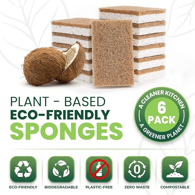 Metflavor Plant-Based Natural Kitchen Sponges,Biodegradable Non-Scratch Cellulose & Coconut Walnut Scrubber Sponge, Eco-Friendly & Sustainable (6 Pack)