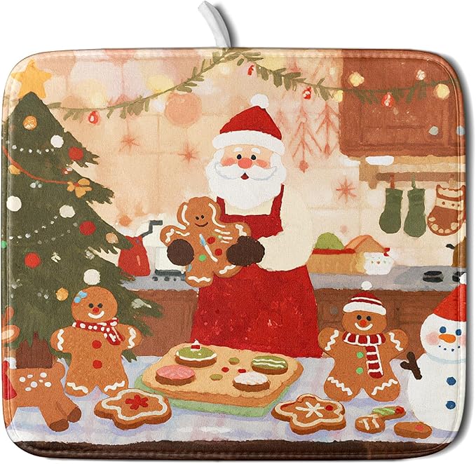 Christmas Dish Drying Mat for Kitchen Counter 16x18 Santa Claus Gingerbread Winter Xmas Holiday Themed Absorbent Reversible Microfiber Drying Mats Kitchen Countertop Protector Dishes Drainer Rack Pad