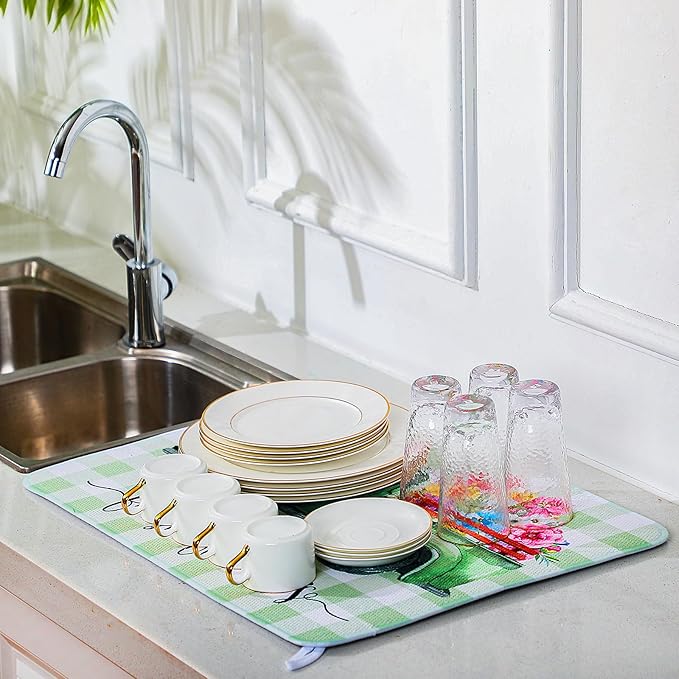 SiliFine 2 Pcs Dish Drying Mat for Kitchen, Spring Floral Absorbent Microfiber Dish Mat Counter 18 x 24 Inch Truck Flower Leaves Draining Green Drying Reusable Washable Pad