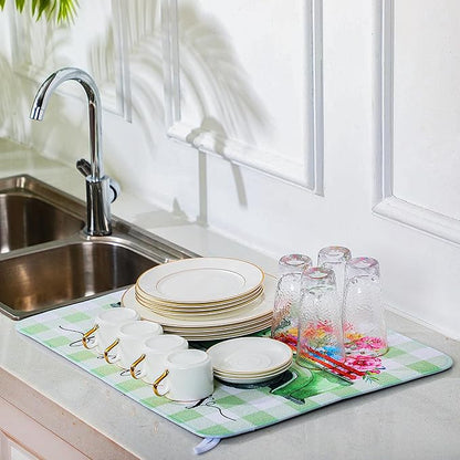 SiliFine 2 Pcs Dish Drying Mat for Kitchen, Spring Floral Absorbent Microfiber Dish Mat Counter 18 x 24 Inch Truck Flower Leaves Draining Green Drying Reusable Washable Pad