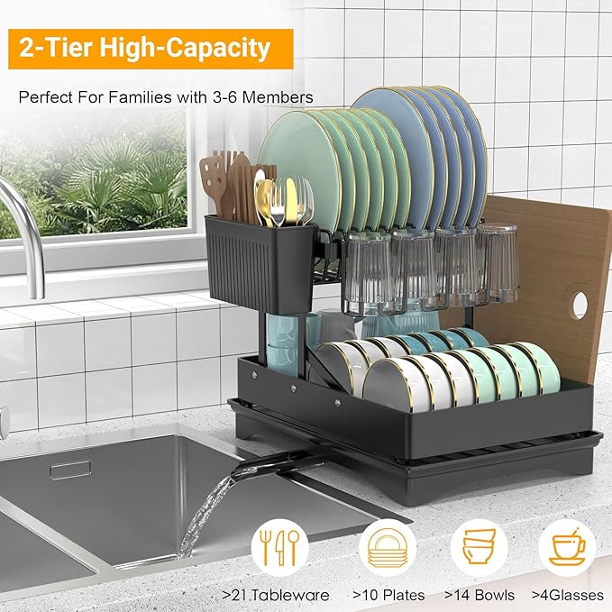 Large Dish Drying Rack 2 Tier for Kitchen Counter, Anti-Rust Metal Dish Rack with Lock & Lift System & Retractable Auto-Drain Spout, Escurridor de Platos with Cutting Board and Utensil Holder
