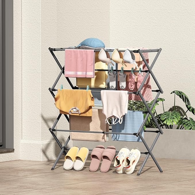 KINGBOARD Clothes Drying Rack, Collapsible Drying Rack Clothing with 11 Poles, 3-Tier Laundry Drying Rack, Small Clothes Drying Rack Foldable for Baby Clothes Sock Towel, 25lb Capacity, White & Grey