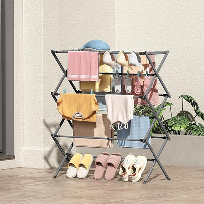KINGBOARD Clothes Drying Rack, Collapsible Drying Rack Clothing with 11 Poles, 3-Tier Laundry Drying Rack, Small Clothes Drying Rack Foldable for Baby Clothes Sock Towel, 25lb Capacity, White & Grey