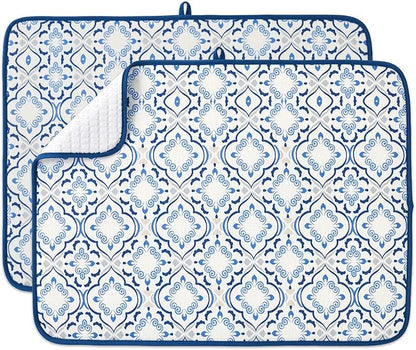 FRESHMINT Printed Dish Drying Mats for Kitchen Counter 2 Pack Absorbent Reversible Drying Mats Microfiber Kitchen Countertop Protector Dishes Drying Pad Extra Large 18"x24" Dish Mat
