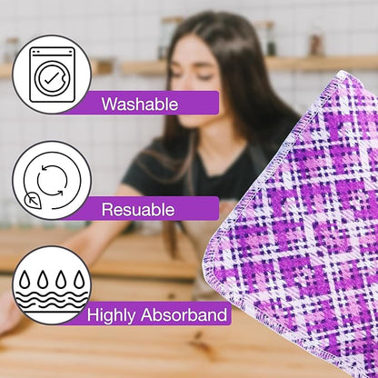 Pack of 10 Reusable Paper Towels | 10x10 Inch Cotton Towels | Kitchen Utensils Print | Eco Friendly, Washable, Quick Drying | Sustainable Cleaning Cloths | Purple Chex