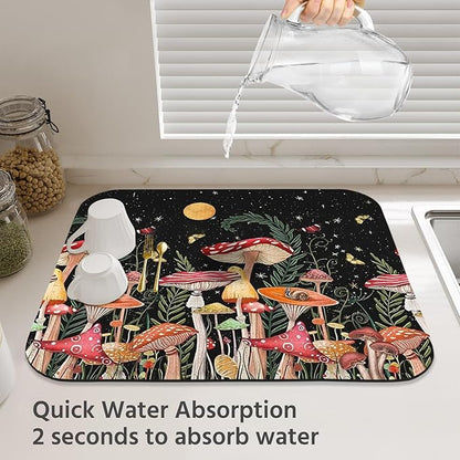 Dish Drying Mat for Kitchen Counter 18x24 Inch, Super Absorbent Dish Drainer Mat, Decorative Microfiber Dishes Drying Pad-Large(Mushroom)