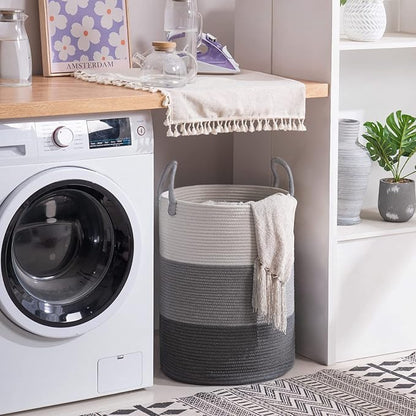 YOUDENOVA Woven Rope Laundry Hamper Basket, 58L Tall Luandry Basket, Baby Nursery Hamper for Blanket Storage, Clothes Hampers for Laundry in Bedroom