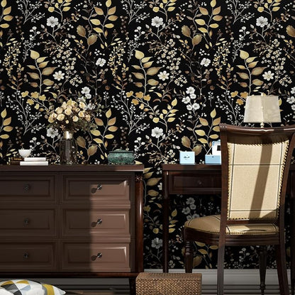 Laatse Boho Wallpaper Peel and Stick Dark Floral Wallpaper 17.5in x118in Vintage Leaf Contact Paper Vinyl Waterproof Self Adhesive Golden Leaf Botanical Wall Paper for Cabinet Table Drawer Decor