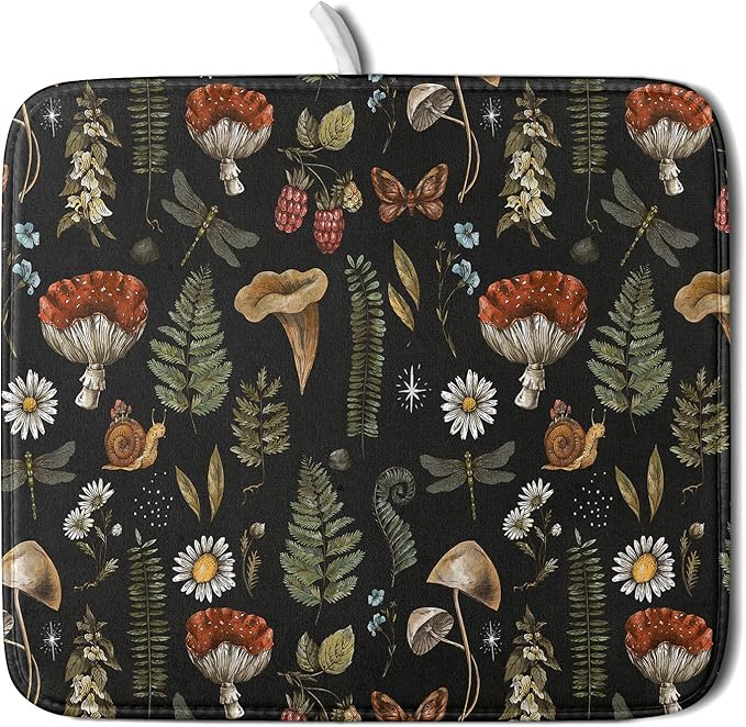 Mushroom Fern Leaves Berry Dish Drying Pad 16 x 18 Inch with Absorbent Reversible Microfiber Vintage Botanical Nature Forest Black Drying Mats For Kitchen Counter Dining Room Decoration